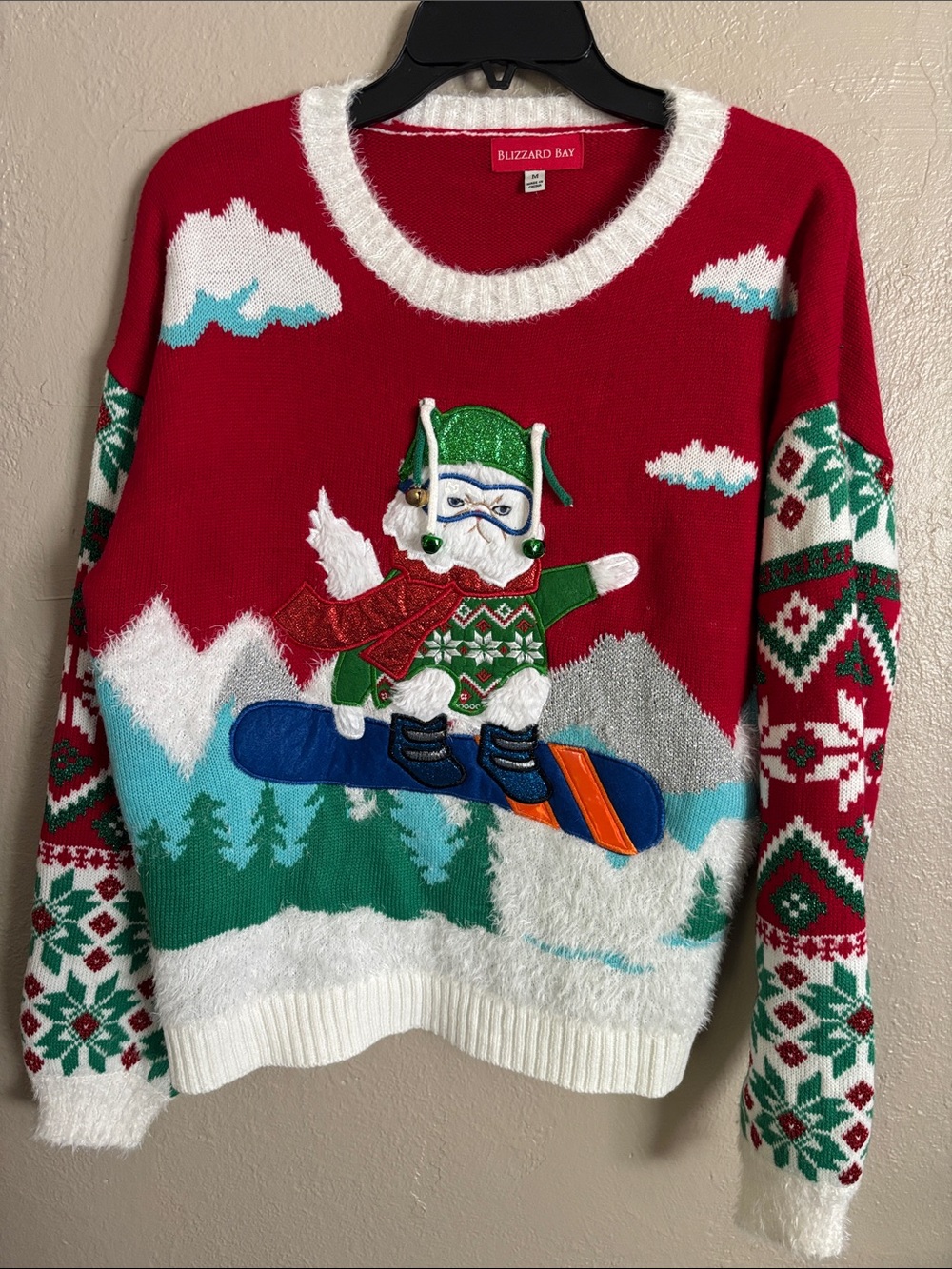Blizzard Bay Snowboarding Cat Fun Ugly Christmas Sweater Women’s Medium